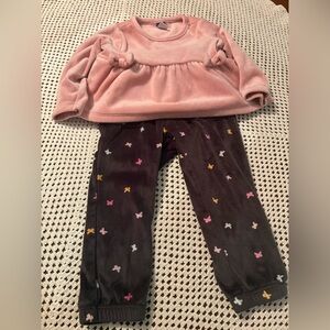 Brown Multi-Colored Soft Pants w/pockets 2T and Pink Soft Top w/Bows 12-18m